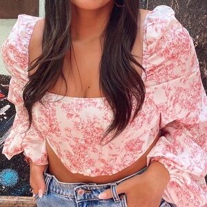 Missguided Petite corset top with balloon sleeve in pink print